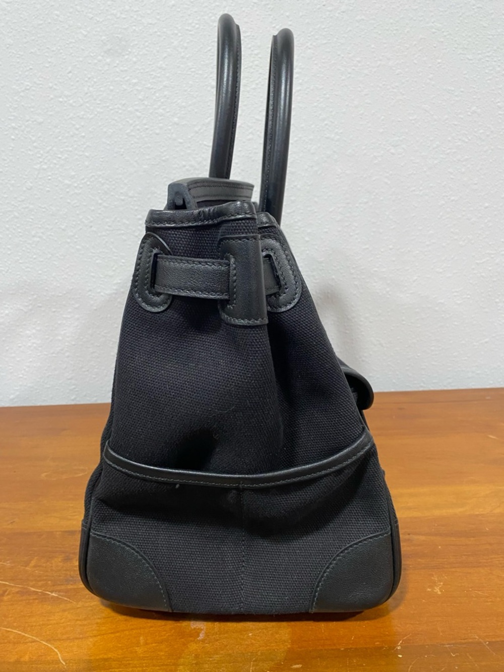 Black Leather-Trim Canvas Tote Bag with Silver Hardware - Picture 5 of 9